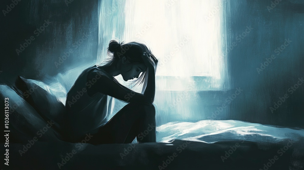 A realistic image of a person sitting on the edge of a bed, head resting in their hands A realistic image of a person sitting on the edge of a bed, head resting in their hands
