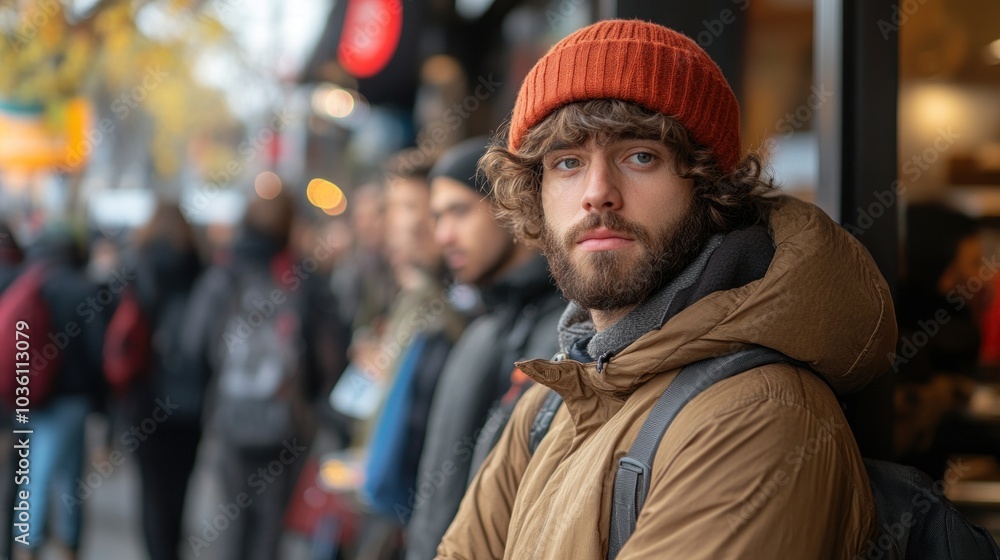 Man waiting in line at a crowded coffee shop during rush hour, highlighting the small delays and frustrations in daily routines Man waiting in line at a crowded coffee shop during rush hour, highlighting the small delays and frustrations in daily routines