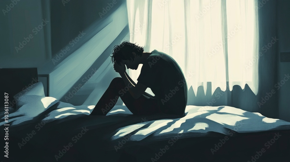 A realistic image of a person sitting on the edge of a bed, head resting in their hands A realistic image of a person sitting on the edge of a bed, head resting in their hands