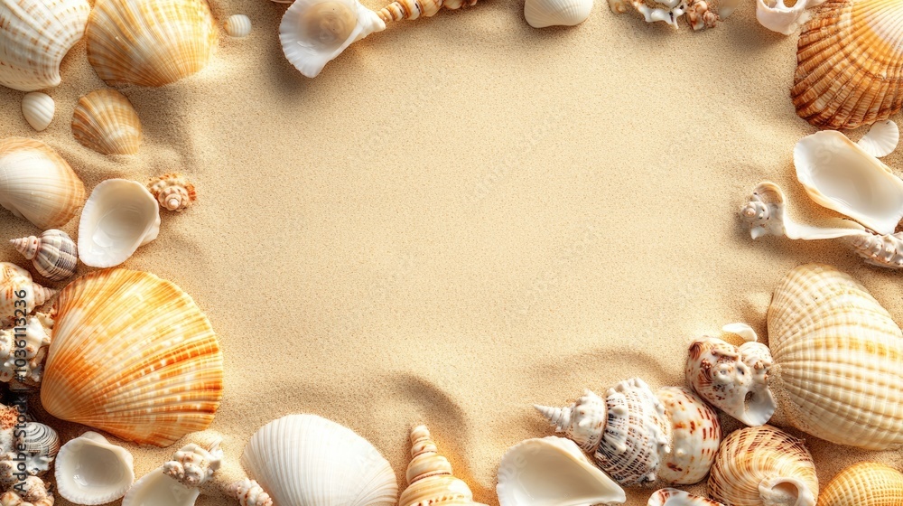Obraz premium Top view of seashells on sandy beach with a blank space for text capturing the essence of summer travel and holiday relaxation themes