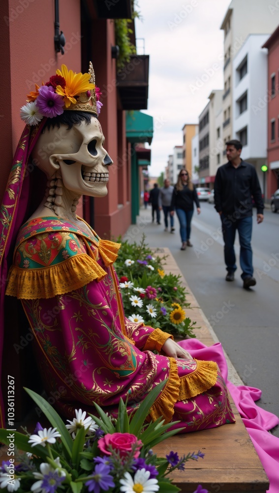 A calavera Grim Reaper adorned with floral decorations on an altar amid a lively Mexican city street A calavera Grim Reaper adorned with floral decorations on an altar amid a lively Mexican city street