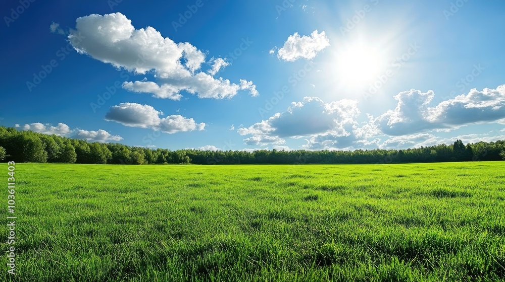 Obraz premium Lush green meadow under a vibrant blue sky filled with soft clouds