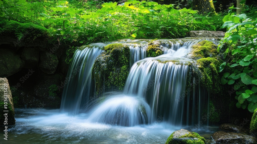 A serene waterfall nestled among vibrant green foliage A serene waterfall nestled among vibrant green foliage
