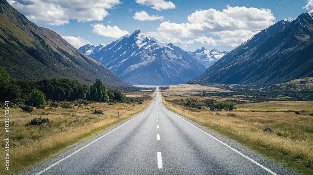 Fototapeta premium Tranquil Two Lane Road Approaching Stunning Mountains