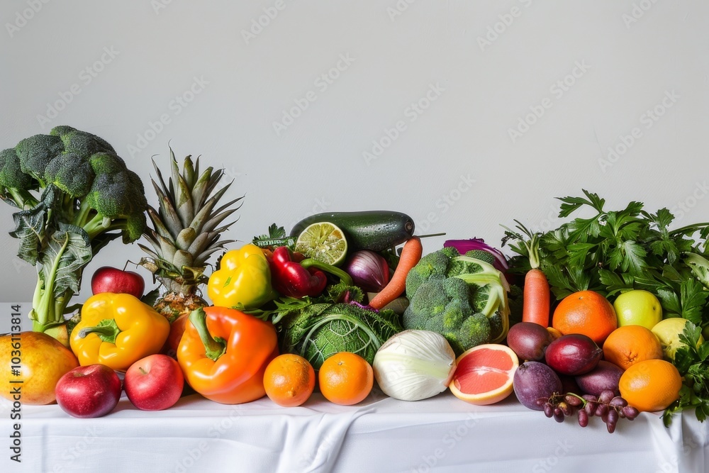 Various colorful fruits and vegetables are neatly arranged on a white table. Concept of healthy eating and fresh produce. For nutrition articles and food blogs. Various colorful fruits and vegetables are neatly arranged on a white table. Concept of healthy eating and fresh produce. For nutrition articles and food blogs.