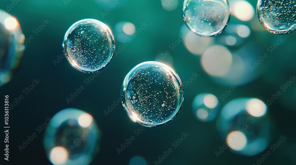 A cluster of bubbles drifting over a vibrant azure and green canvas, with minor bubbles hovering above one another A cluster of bubbles drifting over a vibrant azure and green canvas, with minor bubbles hovering above one another
