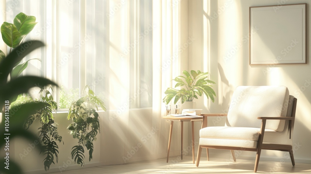 Fototapeta premium A serene, minimalist therapy room with soft natural light streaming through large windows
