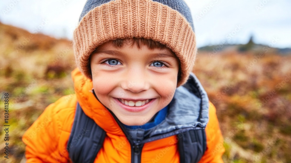A cheerful boy with bright blue eyes enjoys the outdoors, surrounded by autumn foliage. He wears an orange jacket and a knitted hat, embodying happiness and adventure A cheerful boy with bright blue eyes enjoys the outdoors, surrounded by autumn foliage. He wears an orange jacket and a knitted hat, embodying happiness and adventure