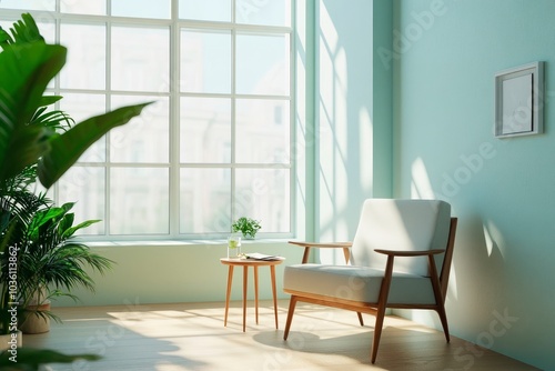 A serene, minimalist therapy room with soft natural light streaming through large windows