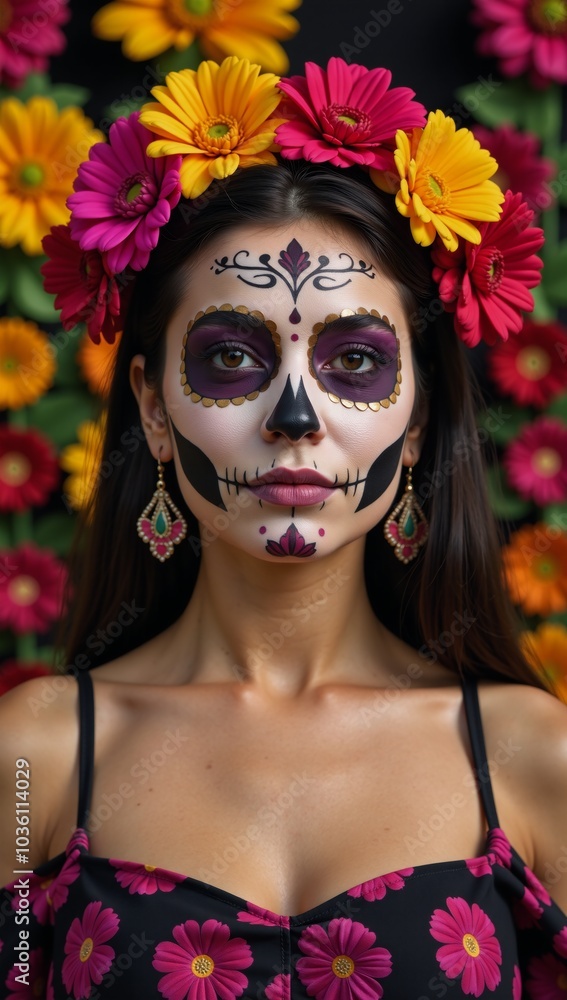 A sexy woman adorned in Sugar Skull make-up of La Santa Muerte and a Mexican Day of the Dead mask embodies diversity spirituality and religion in our distinctive digital art A sexy woman adorned in Sugar Skull make-up of La Santa Muerte and a Mexican Day of the Dead mask embodies diversity spirituality and religion in our distinctive digital art