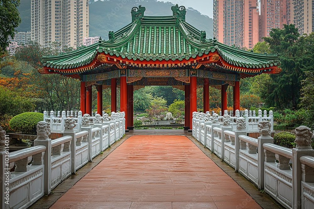 Fototapeta premium A red and green pagoda with a white bridge leading to it in a Chinese garden.