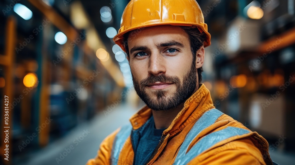 A confident construction worker wearing an orange safety jacket and hard hat stands in a well-lit warehouse, surrounded by shelves filled with supplies, ready for the day's tasks A confident construction worker wearing an orange safety jacket and hard hat stands in a well-lit warehouse, surrounded by shelves filled with supplies, ready for the day's tasks