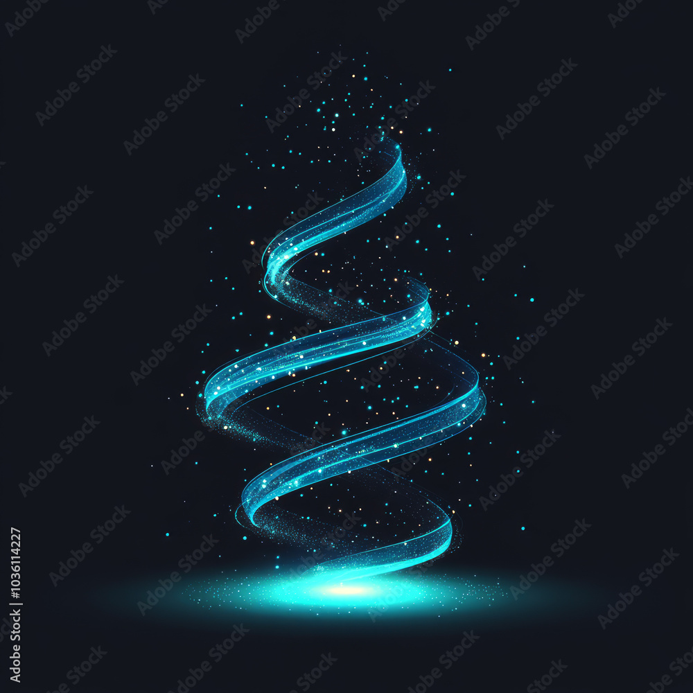 Abstract glowing blue light spiral with sparkling particles on a black background.