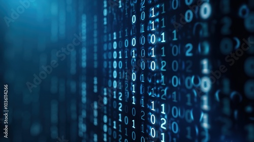 This visual showcases a dense arrangement of binary code streaming in brilliant blue hues, creating a futuristic atmosphere prevalent in digital environments