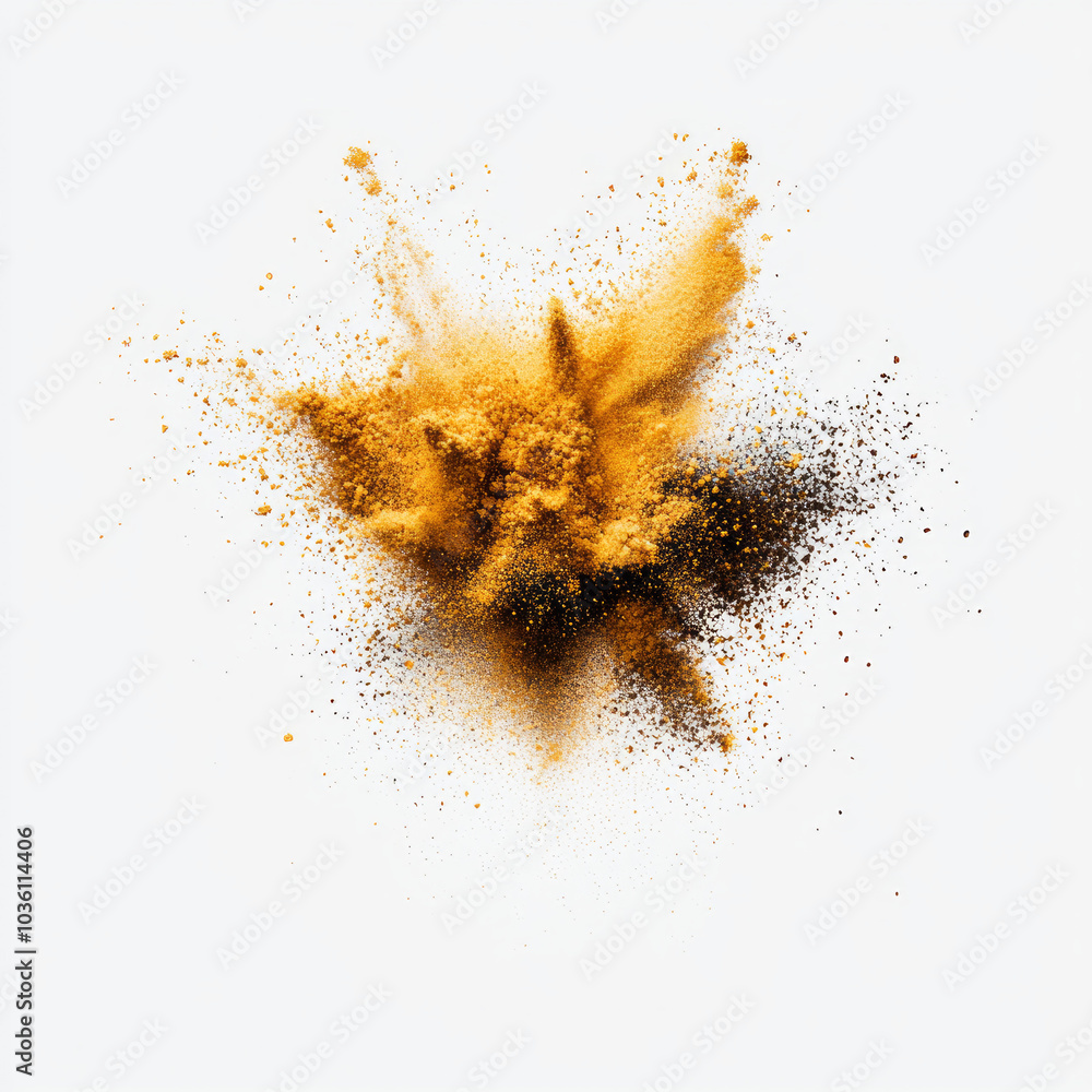 Golden and black powder explosion against a white background. Golden and black powder explosion against a white background.