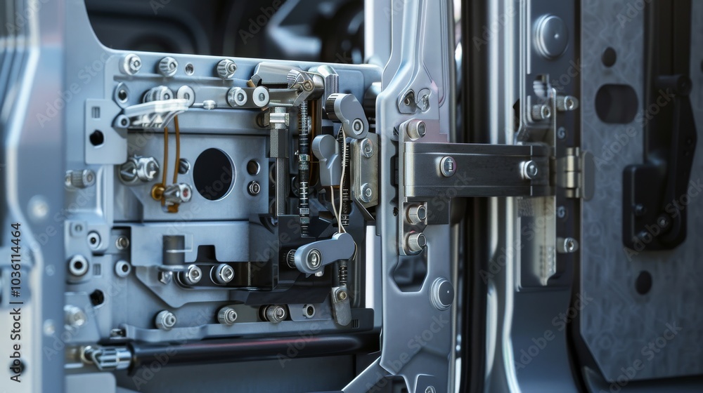 A detailed view of a van's door lock mechanism, with textures of metal and plastic components, Urban setting with detailed security features A detailed view of a van's door lock mechanism, with textures of metal and plastic components, Urban setting with detailed security features