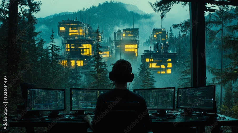 A person sits at a desk with multiple monitors, overlooking a futuristic city in a forest. A person sits at a desk with multiple monitors, overlooking a futuristic city in a forest.