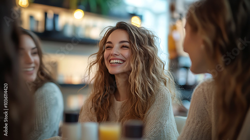 Three women are sitting at a table, smiling and laughing together