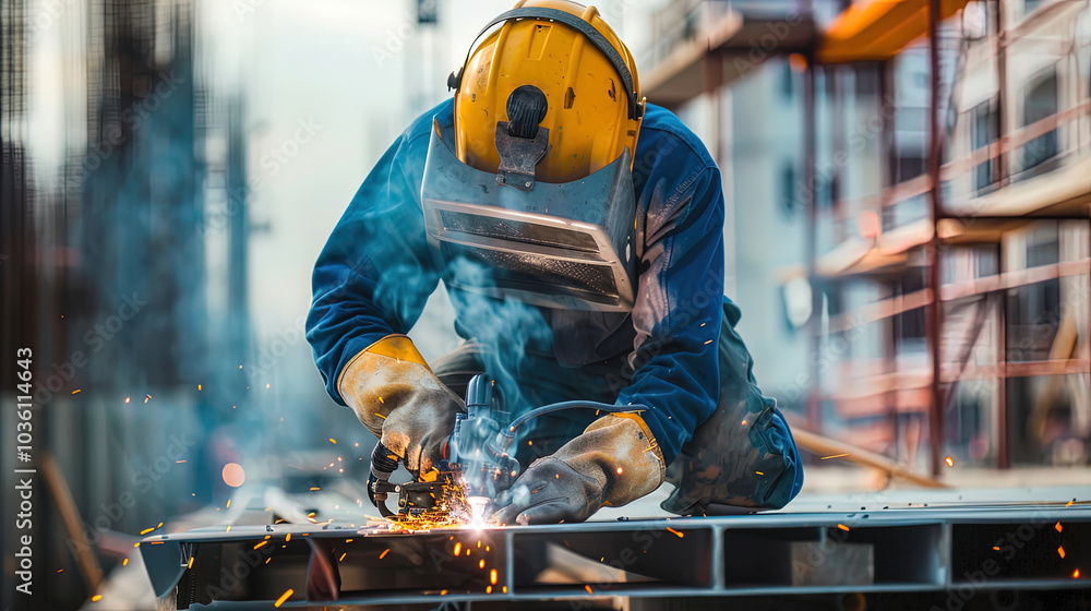 A working welder welds metal in production. A welder welds a large metal structure. A working welder welds metal in production. A welder welds a large metal structure.