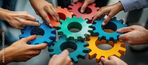 Teamwork concept with diverse hands holding colorful gears together.