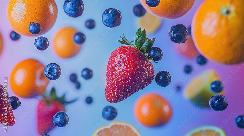   A cluster of oranges, strawberries, and blueberries levitating against a backdrop of oranges and blueberries