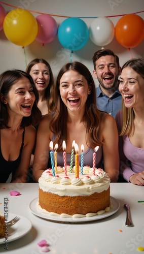 A birthday party gathering  In the original prompt A family portrait featuring children enjoying a fun-filled birthday party with cake balloons and laughter photo