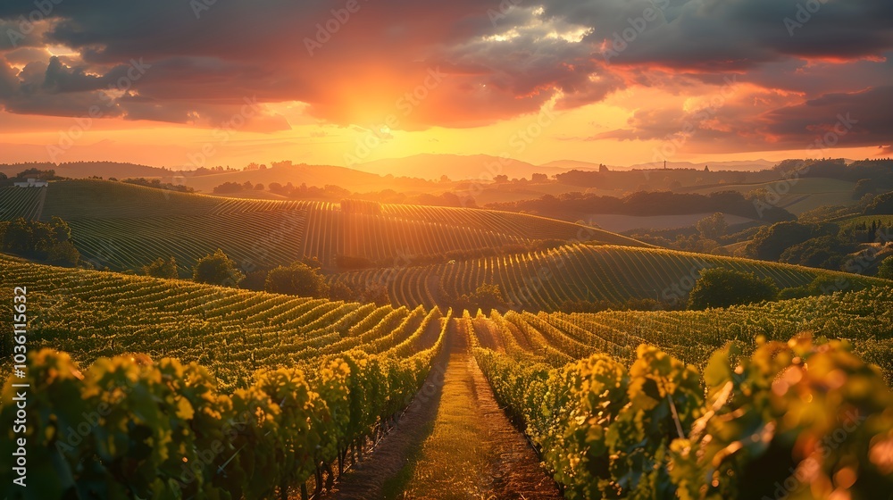 Fototapeta premium Sunset vineyard – Close-up view of the grapes in a vineyard. Vineyards, wine production, agriculture, organic.
