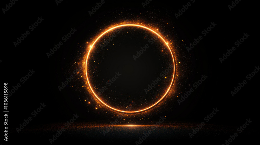 A glowing golden ring with sparkling particles on a black background. A glowing golden ring with sparkling particles on a black background.