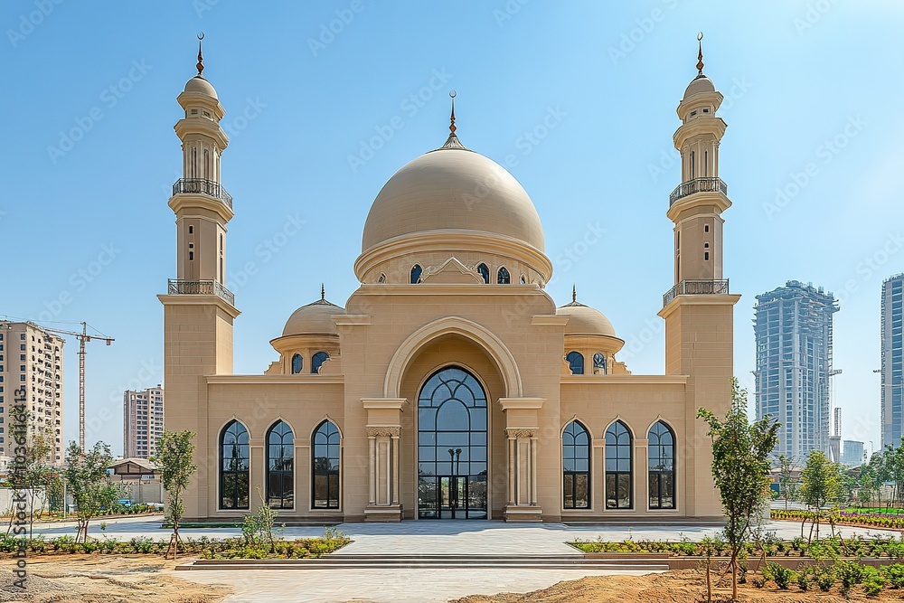 Fototapeta premium A beautiful mosque with two minarets stands tall against a clear blue sky.