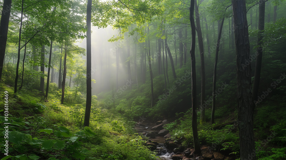 Obraz premium 霧に包まれる森と山