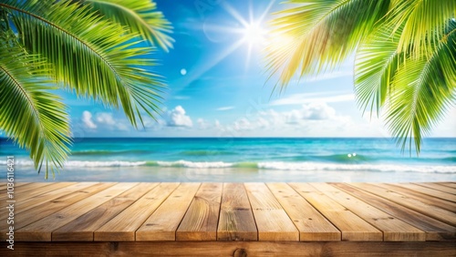 Empty wooden tabletop over blurred tropical sea and palm leaves background for product display montage