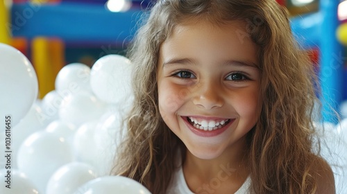 Fröhliche Kindheitsmomente inmitten weißer Spielbälle auf einem lustigen Indoor-Spielplatz photo