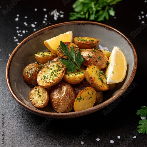 delicious roasted potatoes seasoned with herbs and spices garnished with lemon and parsley