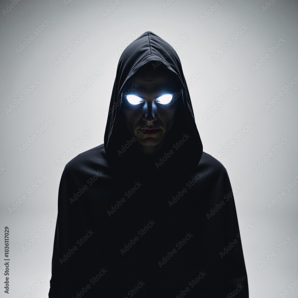 Hooded figure with glowing eyes silhouetted against a dark backdrop Hooded figure with glowing eyes silhouetted against a dark backdrop