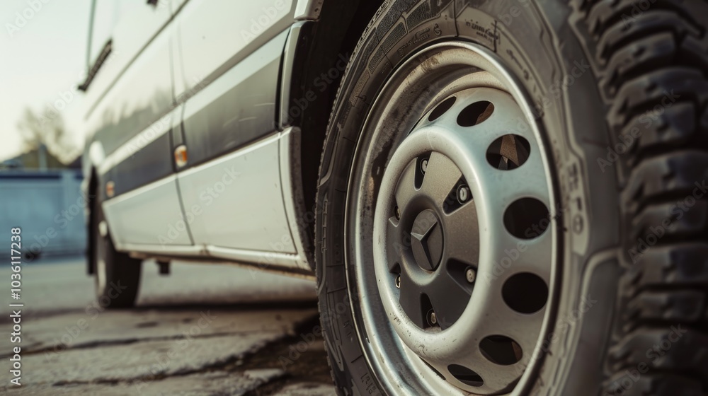 A detailed view of a van's tire valve and rim, with textures of rubber and metal, Urban setting with intricate details A detailed view of a van's tire valve and rim, with textures of rubber and metal, Urban setting with intricate details