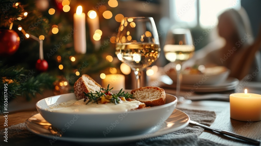 Naklejka premium Gemütliches Wintertreffen mit heißem Käsefondue und Wein für die Feiertage