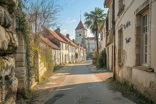 Fototapeta Naklejka Na Ścianę i Meble -  A narrow cobblestone street leads towards a tall stone tower in a European village.