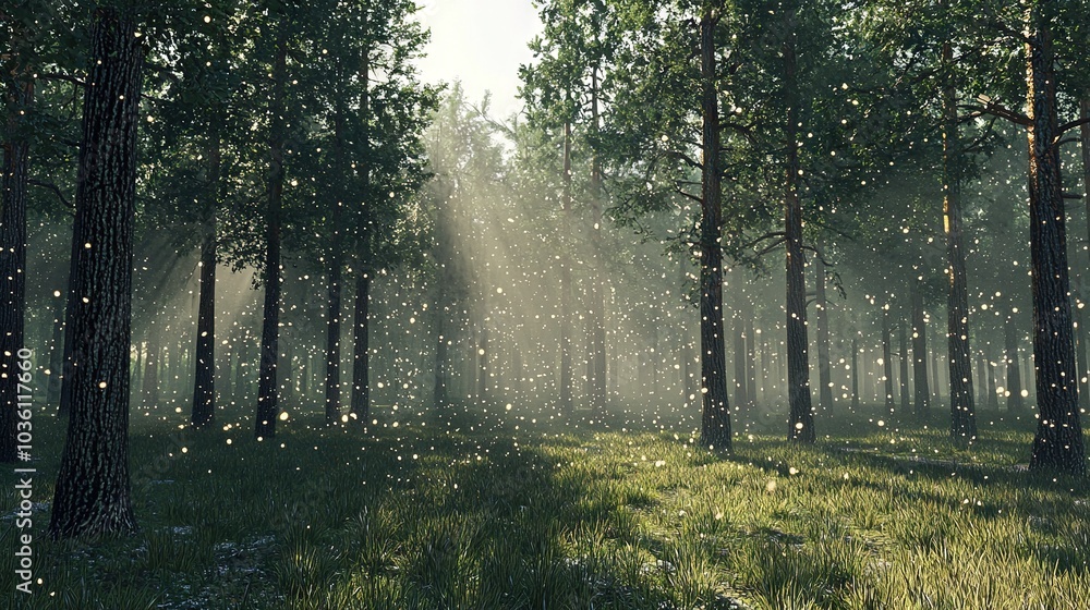 Fototapeta premium A vast forest brimming with numerous trees, accompanied by myriad fireflies soaring above the lush grass and towering trees