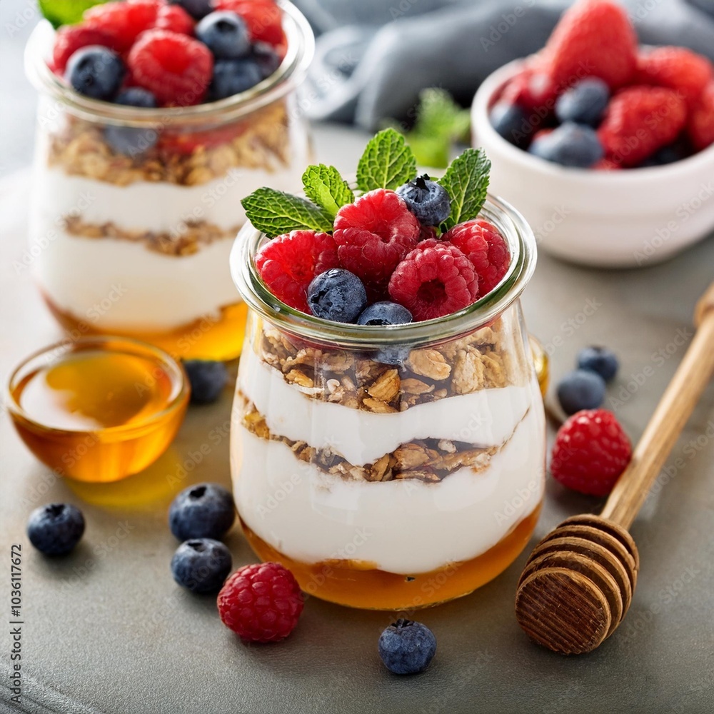 wholesome greek yogurt parfait with berries and honey wholesome greek yogurt parfait with berries and honey