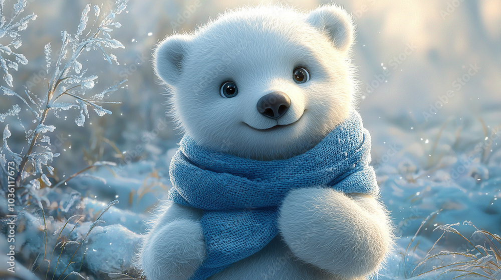 Adorable polar bear cub wearing a blue scarf in winter wonderland Adorable polar bear cub wearing a blue scarf in winter wonderland