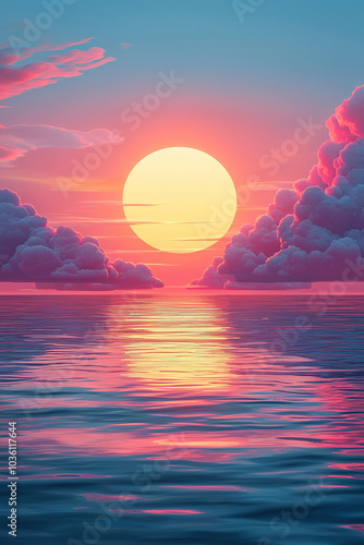 Big sun setting on calm ocean with pink and purple clouds