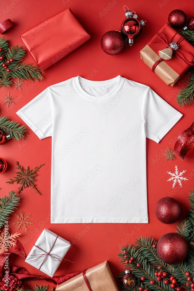 White t-shirt mockup surrounded by Christmas decorations and gift boxes on red background, isolated on transparent background