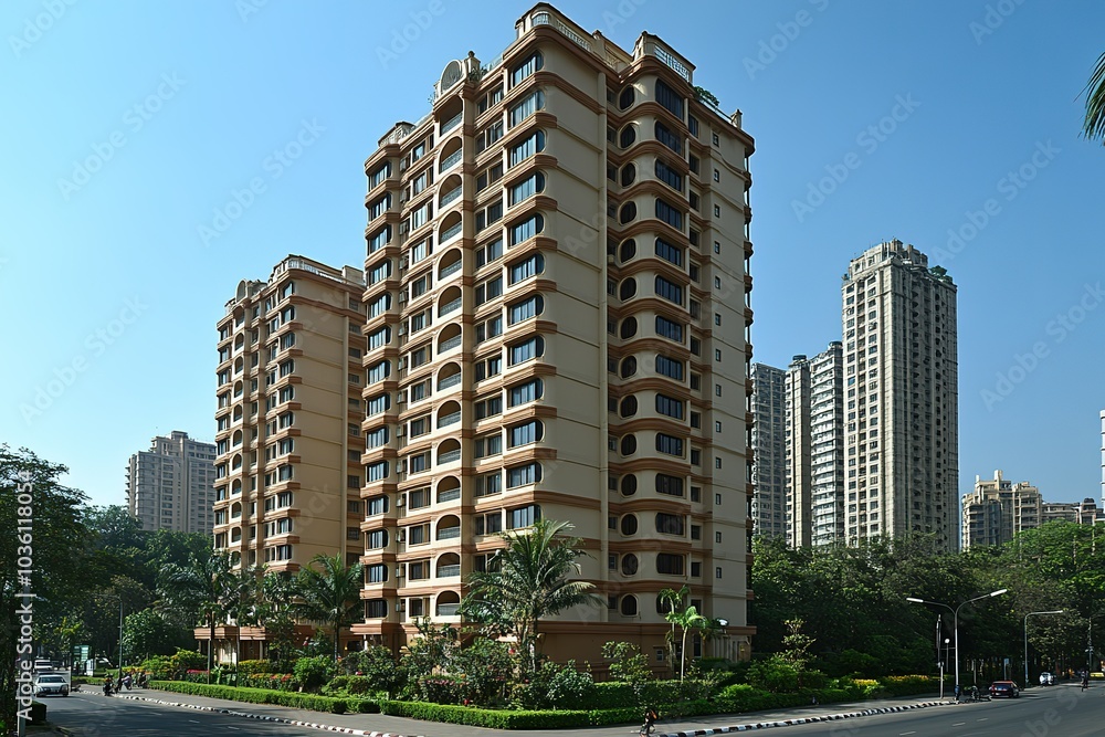 Modern apartment buildings line a city street. Modern apartment buildings line a city street.