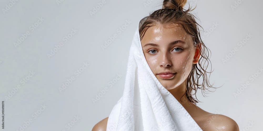 Obraz premium Fresh-Faced Woman with Wet Hair Wrapped in a Towel