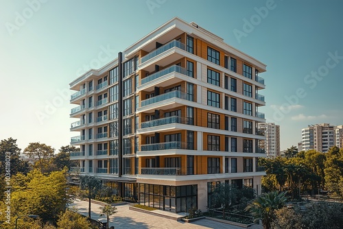 Modern apartment building with balconies and large windows.