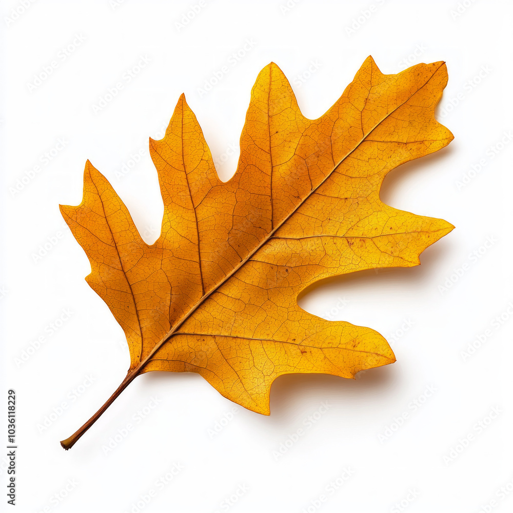 Fototapeta premium A single, golden oak leaf sits on a white background.