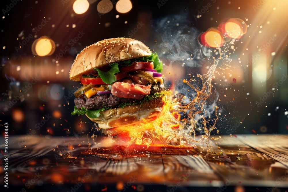 Burger with various toppings floating above a table, surrounded by fiery sparks. Concept of dynamic, creative food presentation. For enhancing a culinary ad. Burger with various toppings floating above a table, surrounded by fiery sparks. Concept of dynamic, creative food presentation. For enhancing a culinary ad.