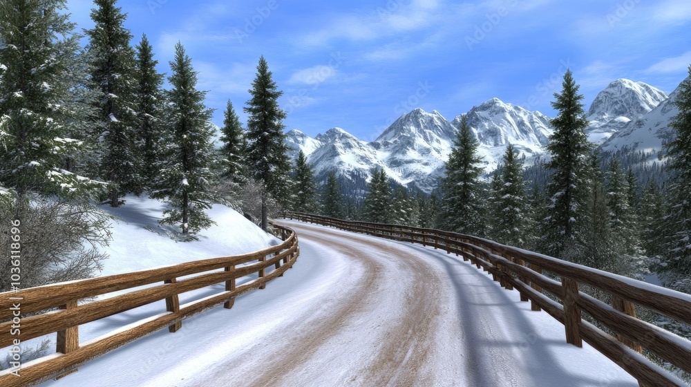 A winding highway reveals stunning, snowy peaks and frosted trees, showcasing nature's beauty in a serene winter landscape A winding highway reveals stunning, snowy peaks and frosted trees, showcasing nature's beauty in a serene winter landscape