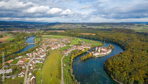Quadro em tela Aerial panorama image of Rhine sinuosity at Rheinau with a church on the islet i