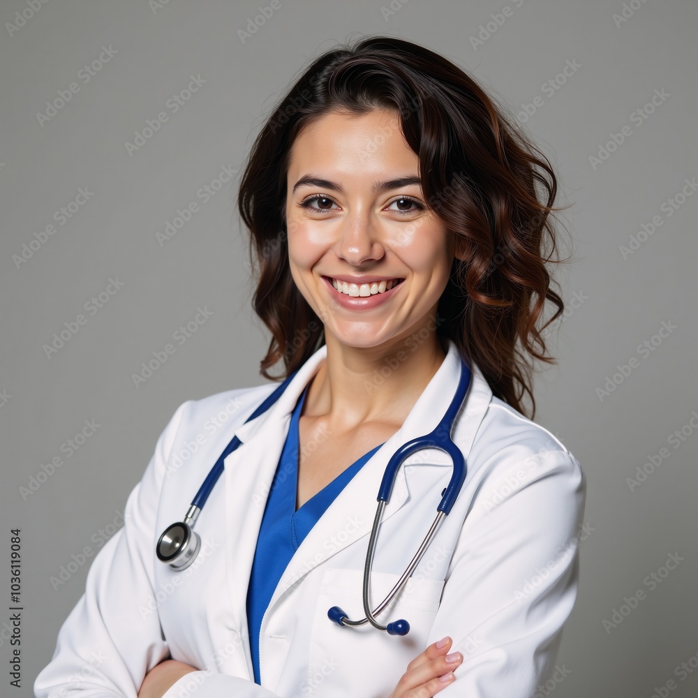 A self-assured yet friendly young doctor dons a white lab coat and stethoscope signifying professionalism and warmth A self-assured yet friendly young doctor dons a white lab coat and stethoscope signifying professionalism and warmth